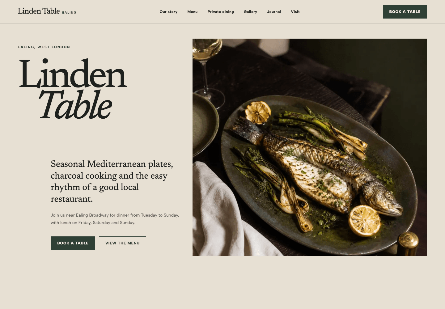 Linden Table fictional restaurant website homepage