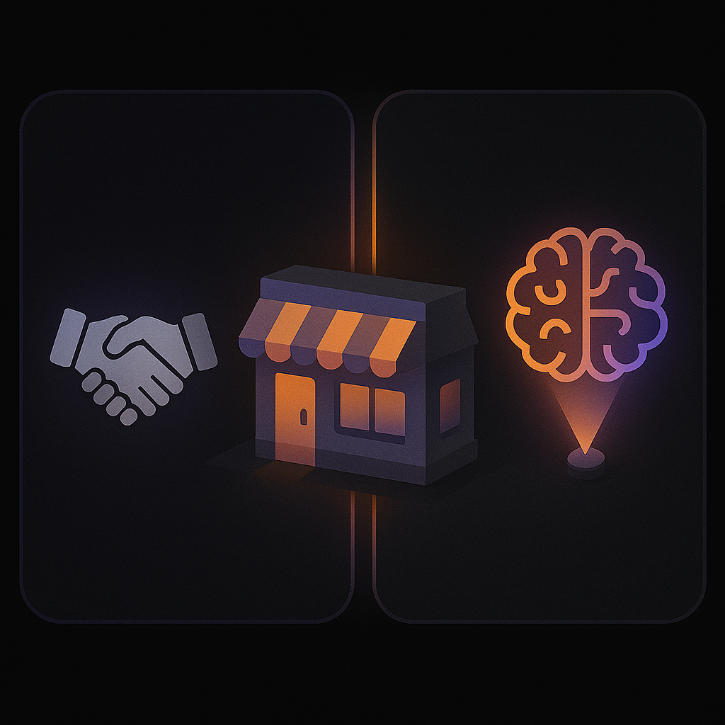 Balanced small business storefront blending AI digital brain with traditional handshake trust