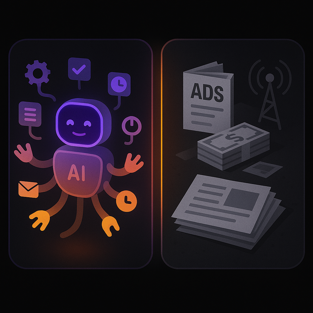 AI digital assistant managing tasks versus costly traditional flyers and radio