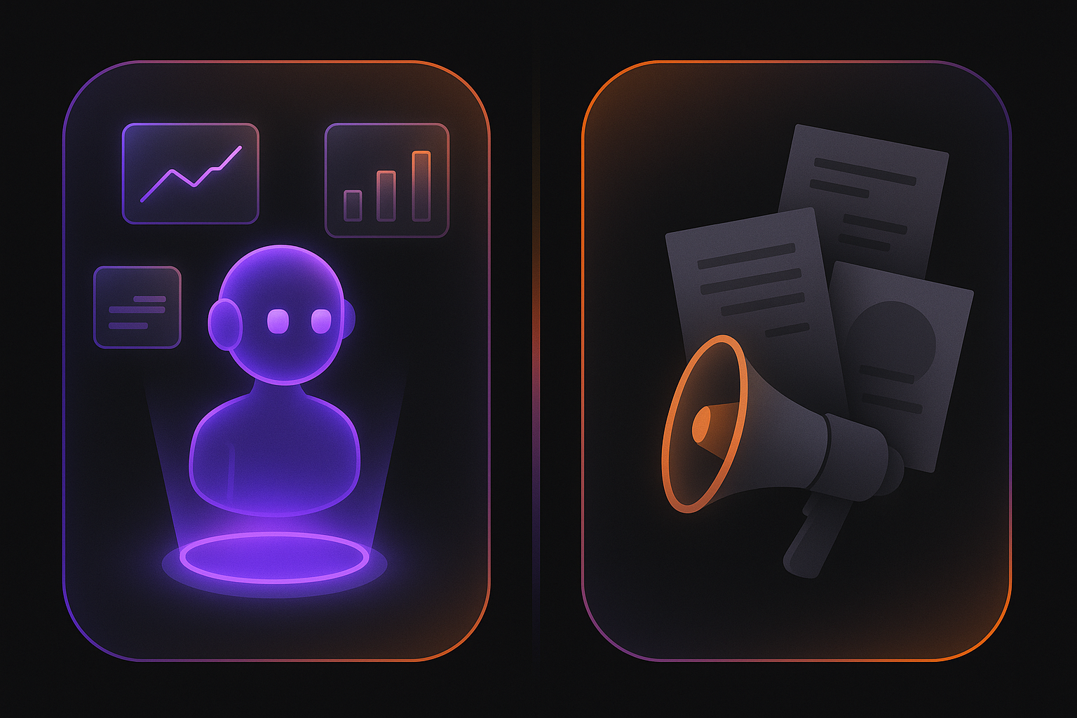 Split illustration comparing AI automation with traditional flyers and posters